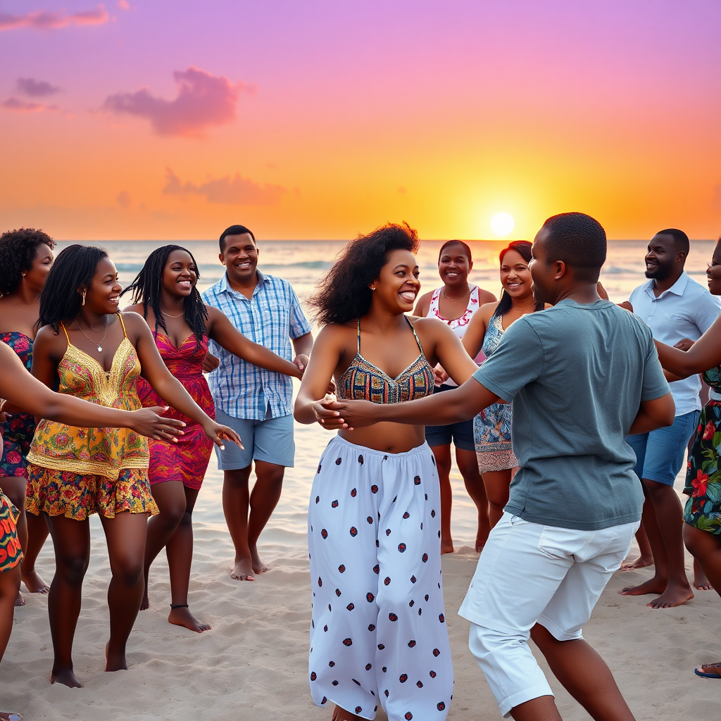 A photorealistic image of a diverse group of people (locals and tourists) holding hands and dancing in a circle on the beach in Barbados. They are smiling and laughing, and the scene conveys a sense of joy and connection. The sun is setting in the background, casting a warm golden light on the scene. Focus on the expressions of happiness and unity on the faces of the participants. Style: Cultural celebration photography with a focus on capturing the spirit of unity and diversity. Technical specs: 4K resolution, wide-angle shot, warm color grading.