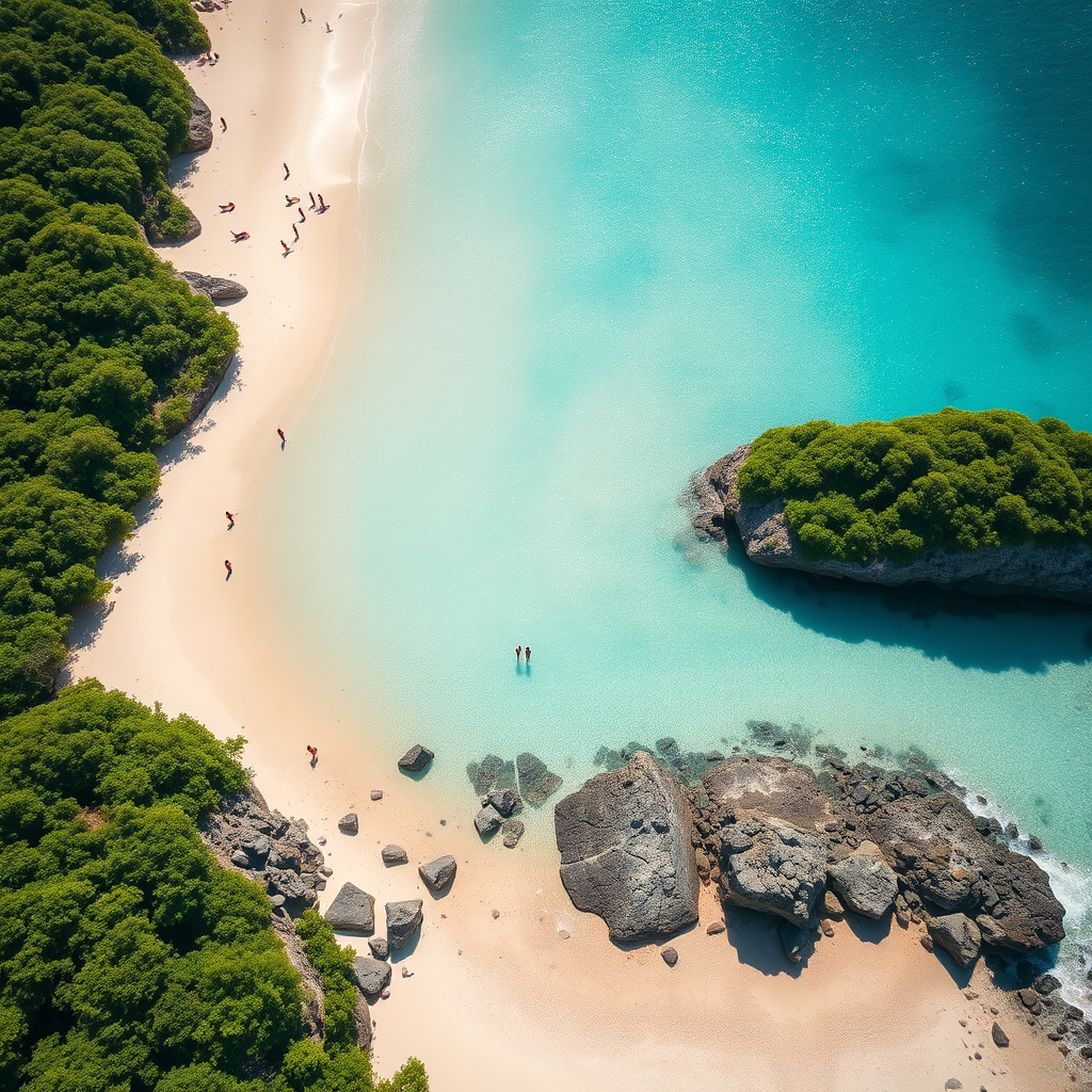 A photorealistic image of a drone shot capturing a pristine beach in Barbados with crystal-clear water and lush vegetation. The image showcases the natural beauty of the island and emphasizes the importance of preserving it for future generations. The lighting is bright and cheerful, highlighting the vibrant colors of the landscape. Include a small group of people enjoying the beach responsibly, leaving no trace behind. Style: Landscape and environmental photography with a focus on capturing the beauty of nature and the importance of conservation. Technical specs: 4K resolution, aerial shot, vibrant color palette.