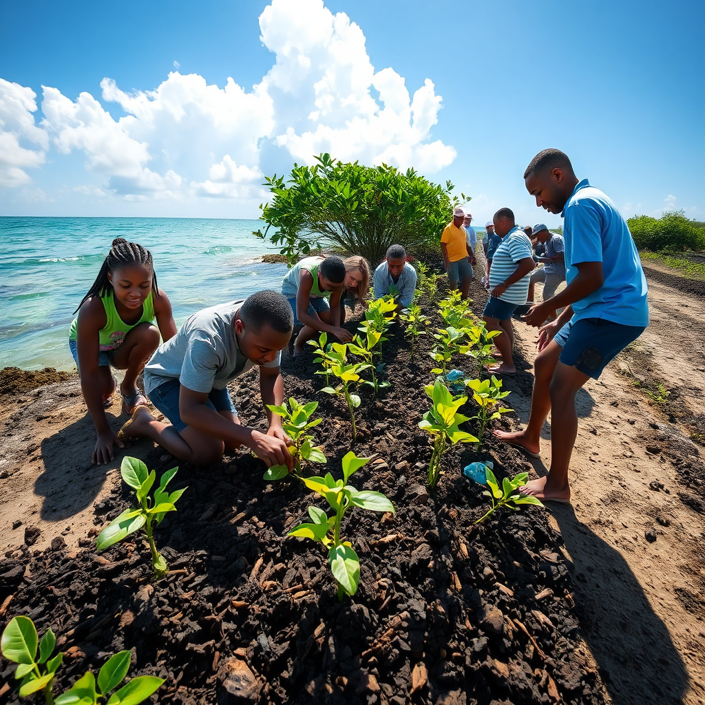 A photorealistic image of a group of people planting mangrove seedlings along the coast of Barbados. The mangroves are essential for protecting the coastline from erosion and providing habitat for marine life. Participants are working together to plant the seedlings, and the scene conveys a sense of hope and renewal. The lighting is bright and cheerful, highlighting the positive impact of the activity. Style: Environmental conservation photography with a focus on capturing the beauty of nature and the importance of conservation efforts. Technical specs: 4K resolution, wide-angle shot, vibrant color palette.