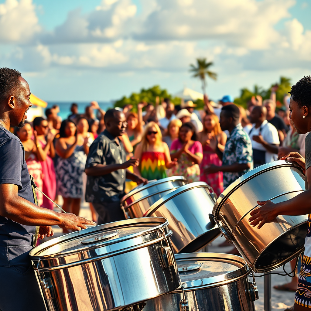 A photorealistic image of a live steelpan band performing on the beach in Barbados during a beach event. The musicians are playing with passion and energy, and the sound of the music is filling the air. The crowd is dancing and clapping along, and the scene conveys a sense of celebration and joy. The lighting is bright and cheerful, highlighting the vibrant colors of the music and dance. Style: Music and dance photography with a focus on capturing the energy and emotion of live performance. Technical specs: 4K resolution, dynamic composition, vibrant color palette.
