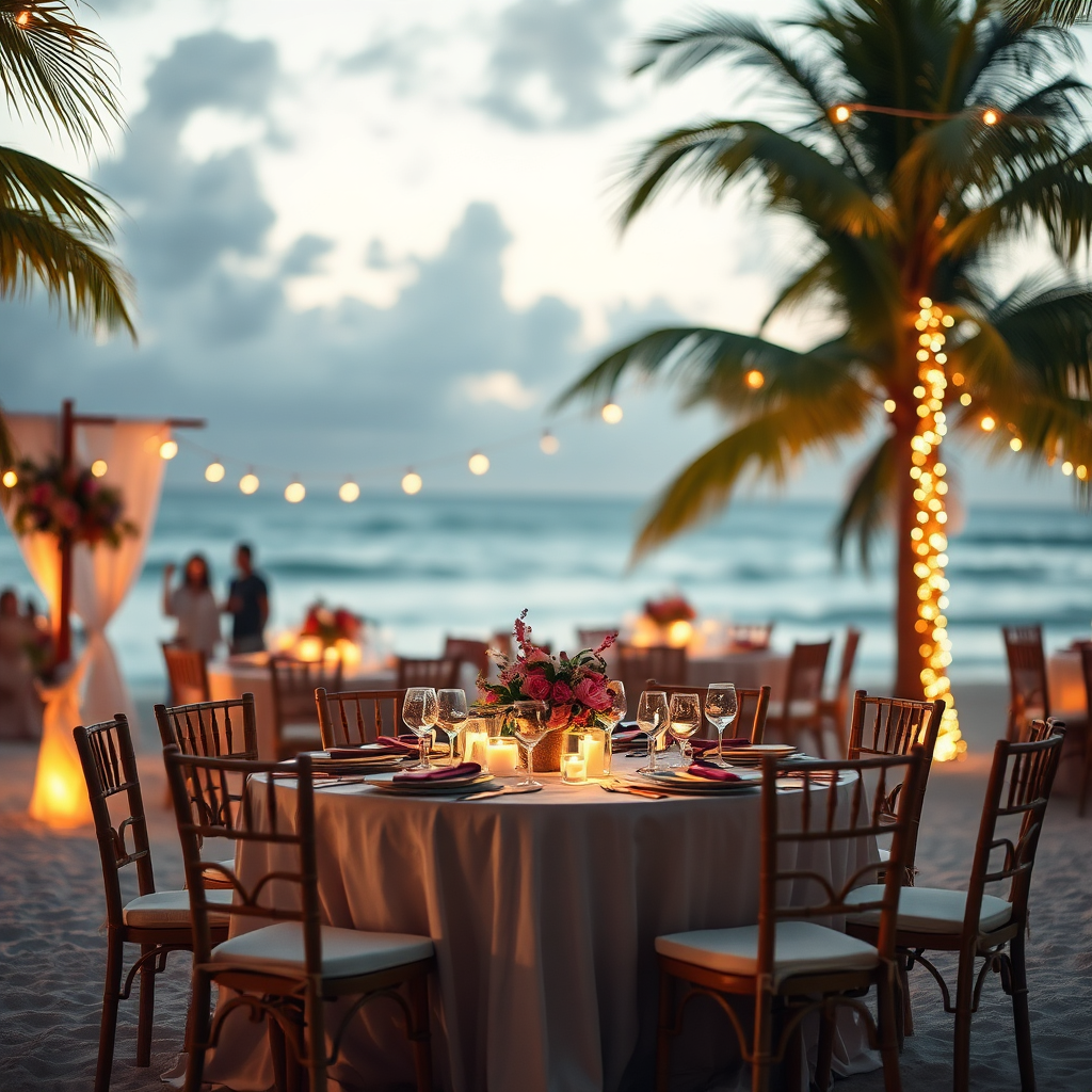 A photorealistic image showcasing a beautifully decorated beach event setup in Barbados. Tables are adorned with local flowers and crafts, and the scene is bathed in warm, inviting light. Focus on the elegant details and the seamless integration of Bajan culture. Style: Event photography with a focus on showcasing the beauty and elegance of beach events. Technical specs: 4K resolution, shallow depth of field, warm color grading.