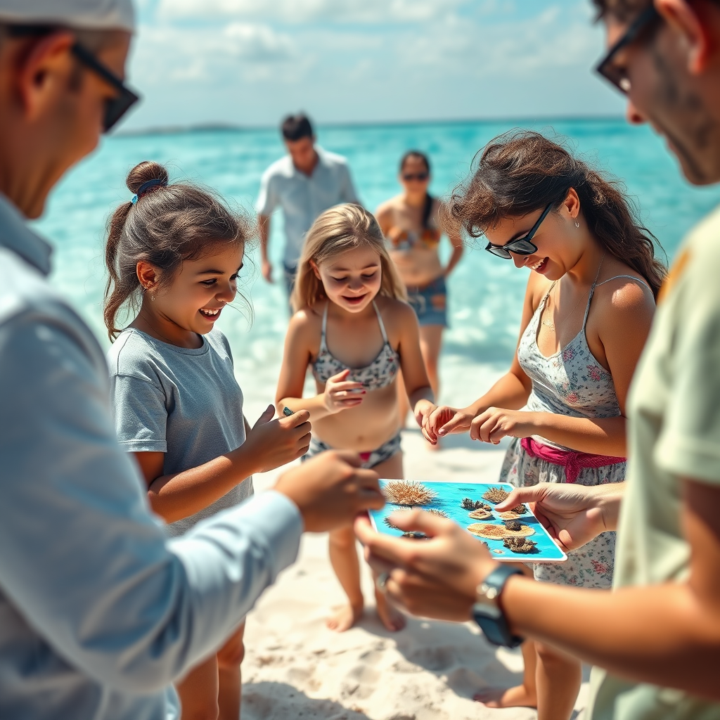 A photorealistic image showing participants at a beach event engaging in a fun, educational game about marine conservation. The game involves identifying different types of coral and learning about the threats they face. The scene is set on a beautiful beach with crystal-clear water. The lighting is bright and cheerful, highlighting the fun and engaging nature of the activity. Style: Educational and engaging photography with a focus on capturing the joy of learning. Technical specs: 4K resolution, vibrant color palette, dynamic composition.